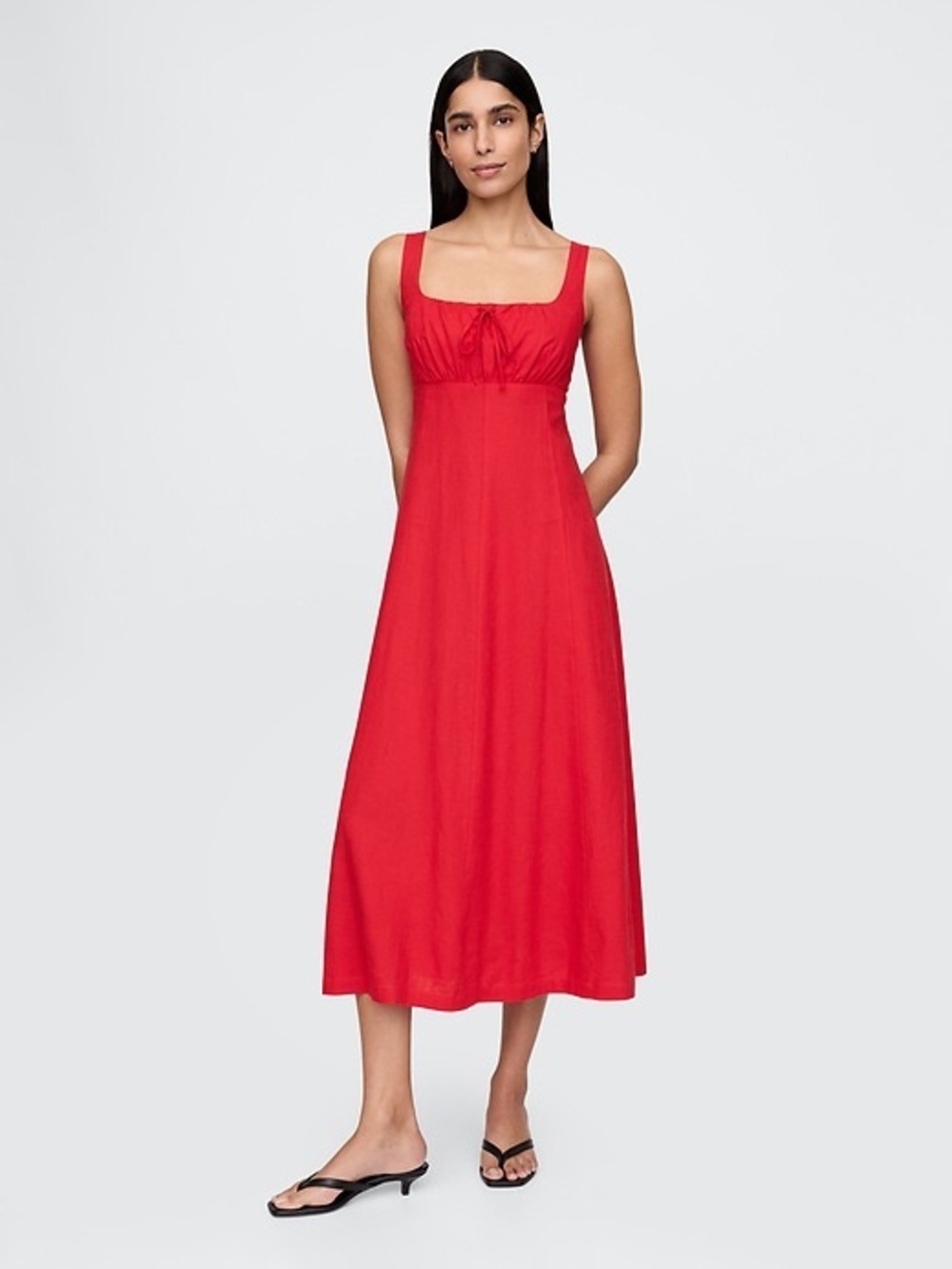 GAP Red Linen-Blend Midi Tie-Front Square-Neck Dress XS